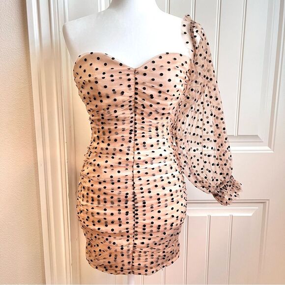 Majorelle Revolve mini dress polka dot black nude ruching size small - Picture 2 of 12